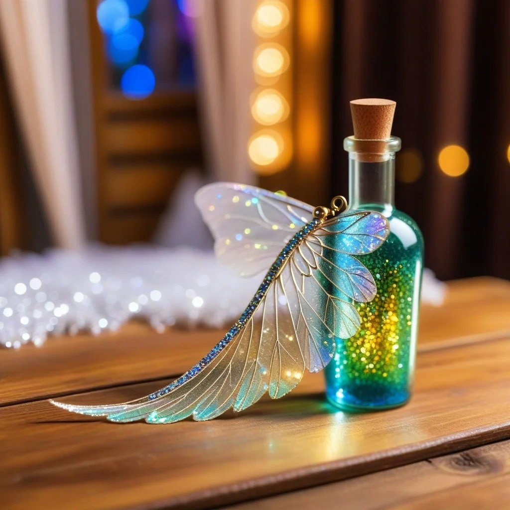 A close-up of a delicate, shimmering fairy wing accessory resting on a rustic wooden table. Beside it, a small, ornate glass bottle filled with sparkling, iridescent powder catches the light. The focus is sharp on the texture of the wing and the glitter, with a soft, blurred background of stage curtains.