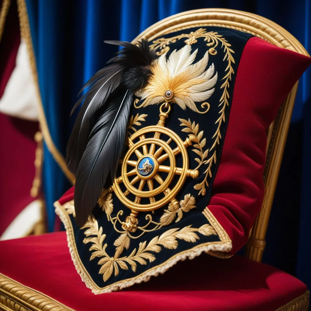 A detailed view of an elaborate, vintage pirate costume sleeve and hat resting on a chair. The fabric is rich and textured, with gold embroidery and a feather plume. In the background, out of focus, a stage prop resembling a ship's wheel is visible, suggesting a theatrical setting.