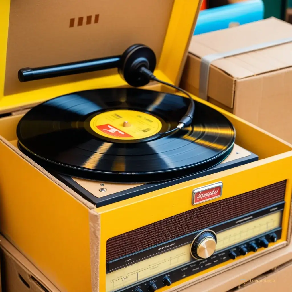 Close-up of a stack of yellowed vinyl records and an old wooden radio sitting on a cardboard box at the market stall, highlighting textures and dust motes in the light.