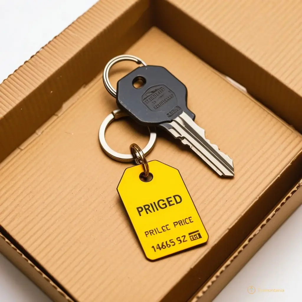 Extreme close-up of a rusted vintage metal keychain tangled in yellowing price tags on a cardboard box lid, highlighting texture and history without people or complex backgrounds.