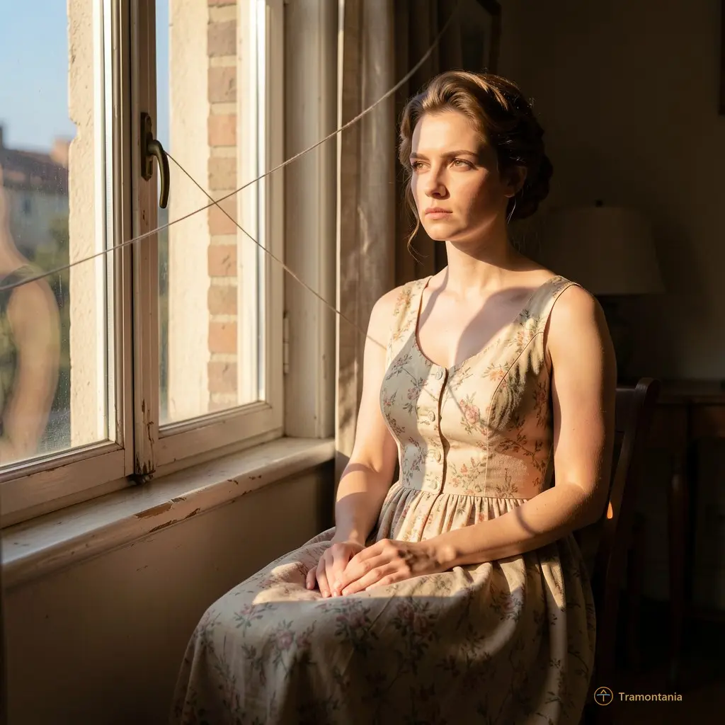 Scène du film — Alma assise près de la fenêtre, dos droit, regard fixe. Le soleil entre en diagonale sur une robe encore à moitié cousue. L’ombre d’un aiguille traverse l’écran comme un fil invisible.