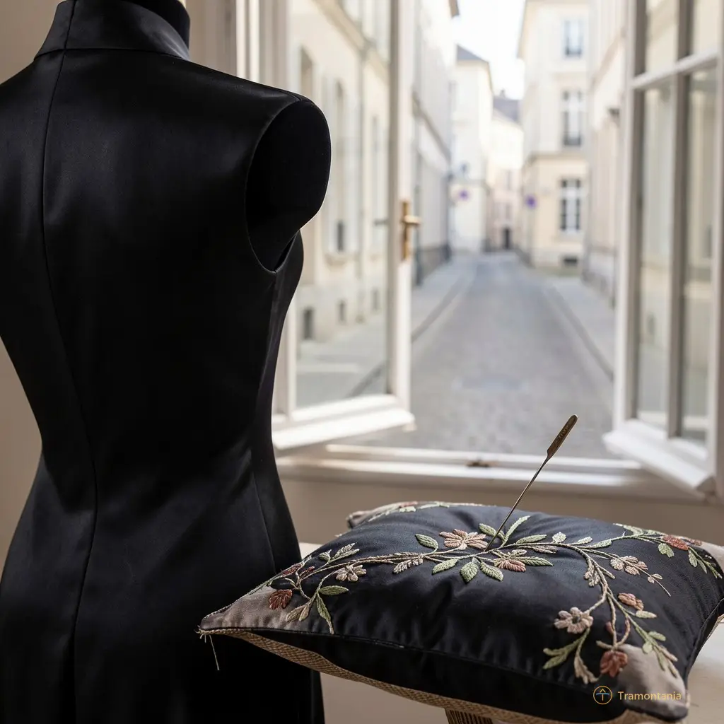 Détail d’un mannequin en soie noire, dos tourné. Une aiguille plantée dans un coussin de broderie. Au fond, la fenêtre ouverte sur une rue vide — comme si le monde extérieur n’avait jamais existé.