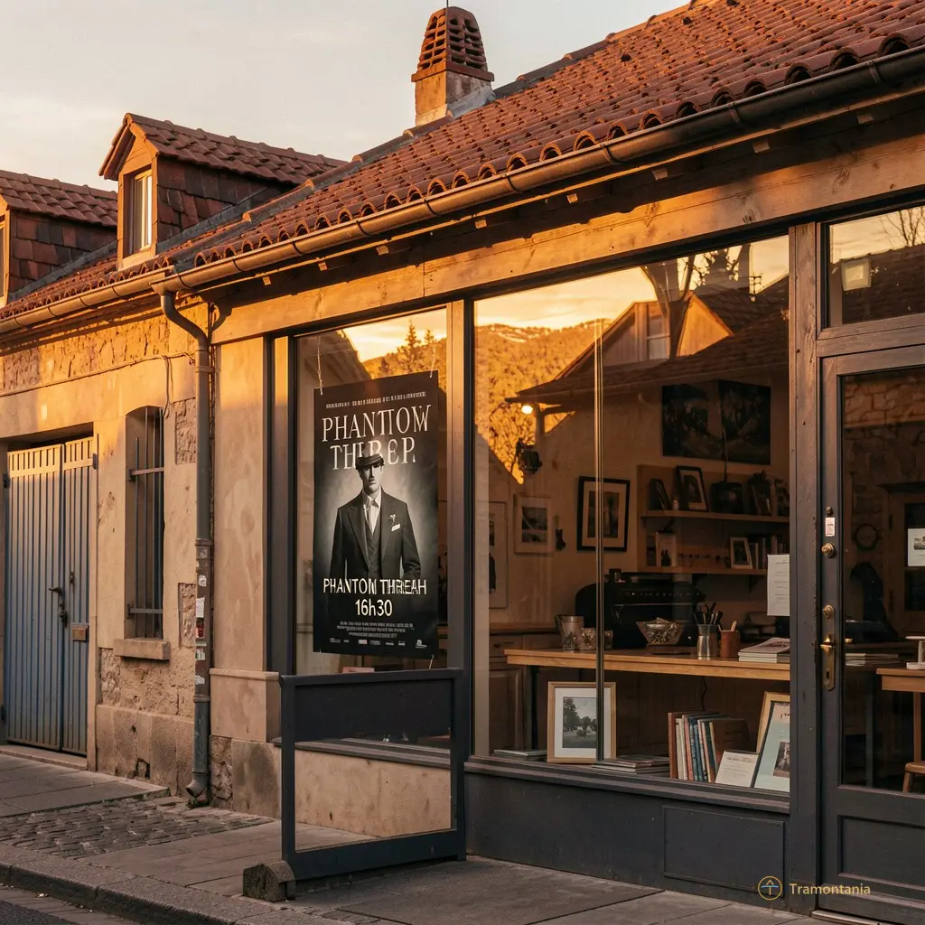 Porte du Clap Ciné en fin de journée. Le soleil décline derrière les toits tuilés. Une affiche collée sur la vitre : "Phantom Thread — 16h30".