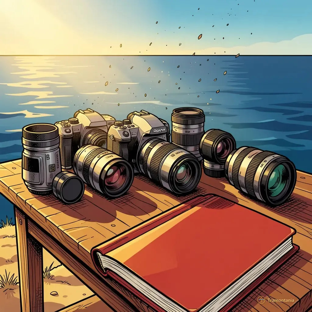 A close-up shot of various photographic equipment laid out on a simple wooden table outdoors near the sea, but not touching it. The gear includes different lenses and camera bodies from various brands. Sunlight is low in the sky, highlighting dust particles floating above the setup. Focus is sharp on the metallic textures of the cameras and lens barrels. 2D comic book illustration style.