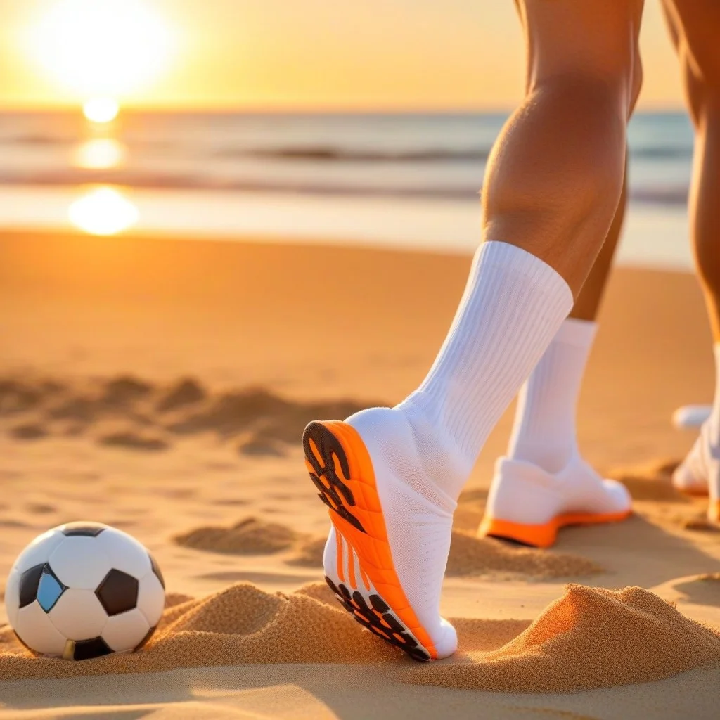 Close-up of a pair of white athletic socks and running shoes stepping into fine, dry beach sand, with a blurred background of a beach football goal and a bright orange sun setting over the water, capturing the texture of the sand grains.