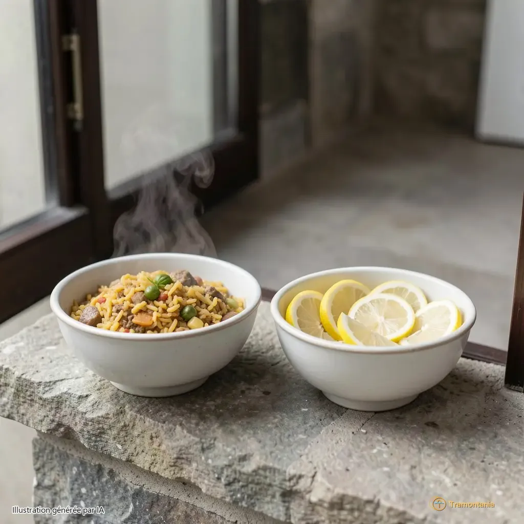 Two ceramic bowls placed side by side on a stone ledge near an open door — one holds steaming plov, the other contains peeled lemon slices arranged in a half-moon pattern. The light is flat and neutral, revealing no shadows or reflections.