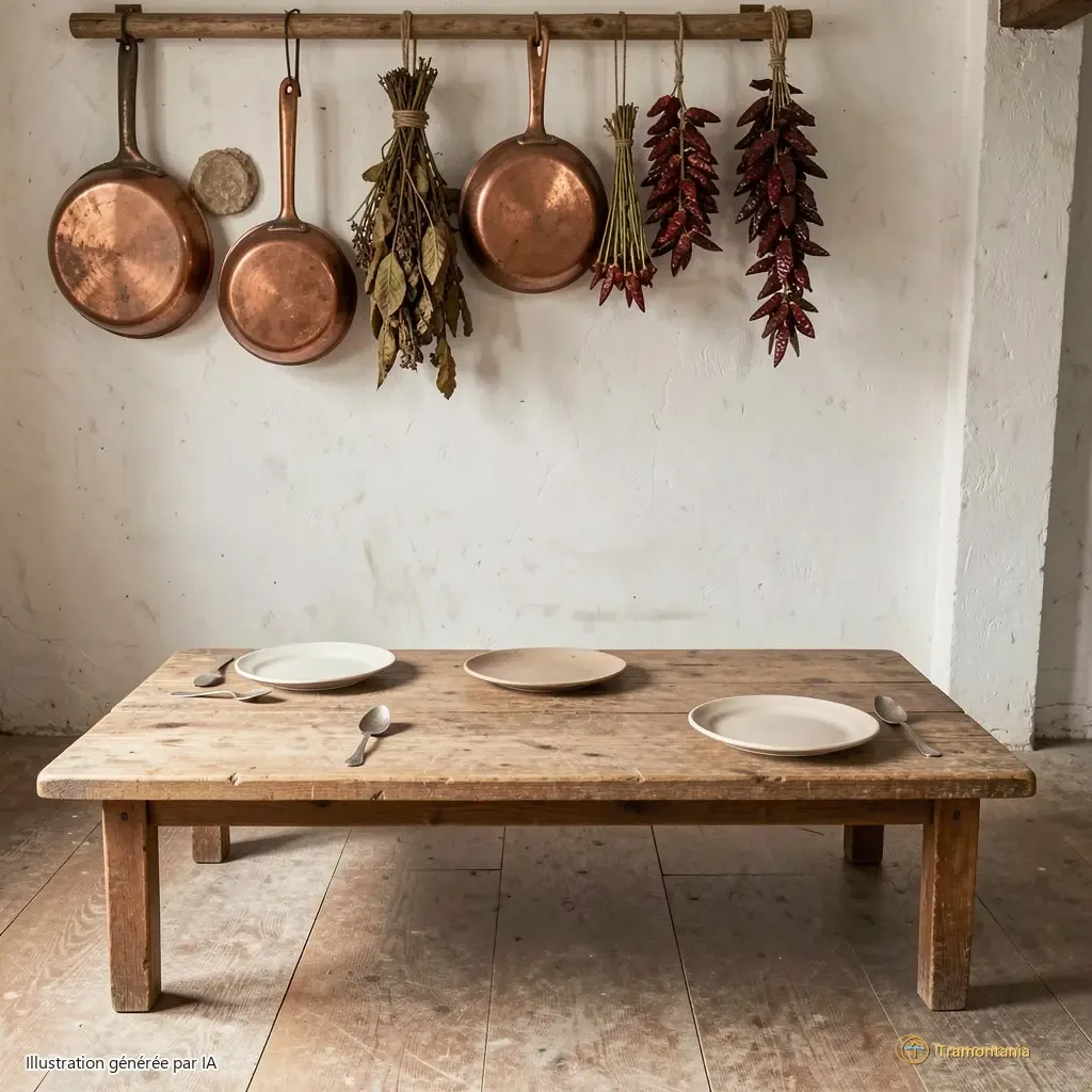 A wide view of a low wooden table set with three plain plates and two spoons. No people are visible. Behind them, a wall holds hanging copper pots and dried chili pods — the space feels lived-in but empty.