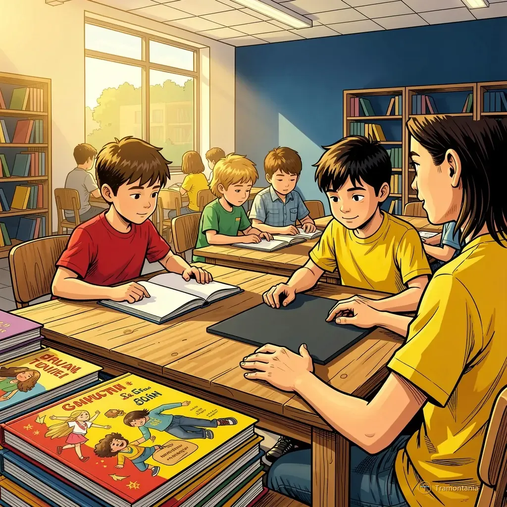Des enfants travaillent à table dans un espace lumineux avec des livres ouverts et des tablettes posés sur le bois clair