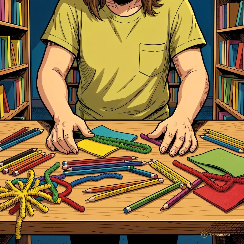 Des matériaux variés comme des cure-pipes, du feutre et des crayons colorés sont disposés sur un établi en bois prêt pour les activités manuelles