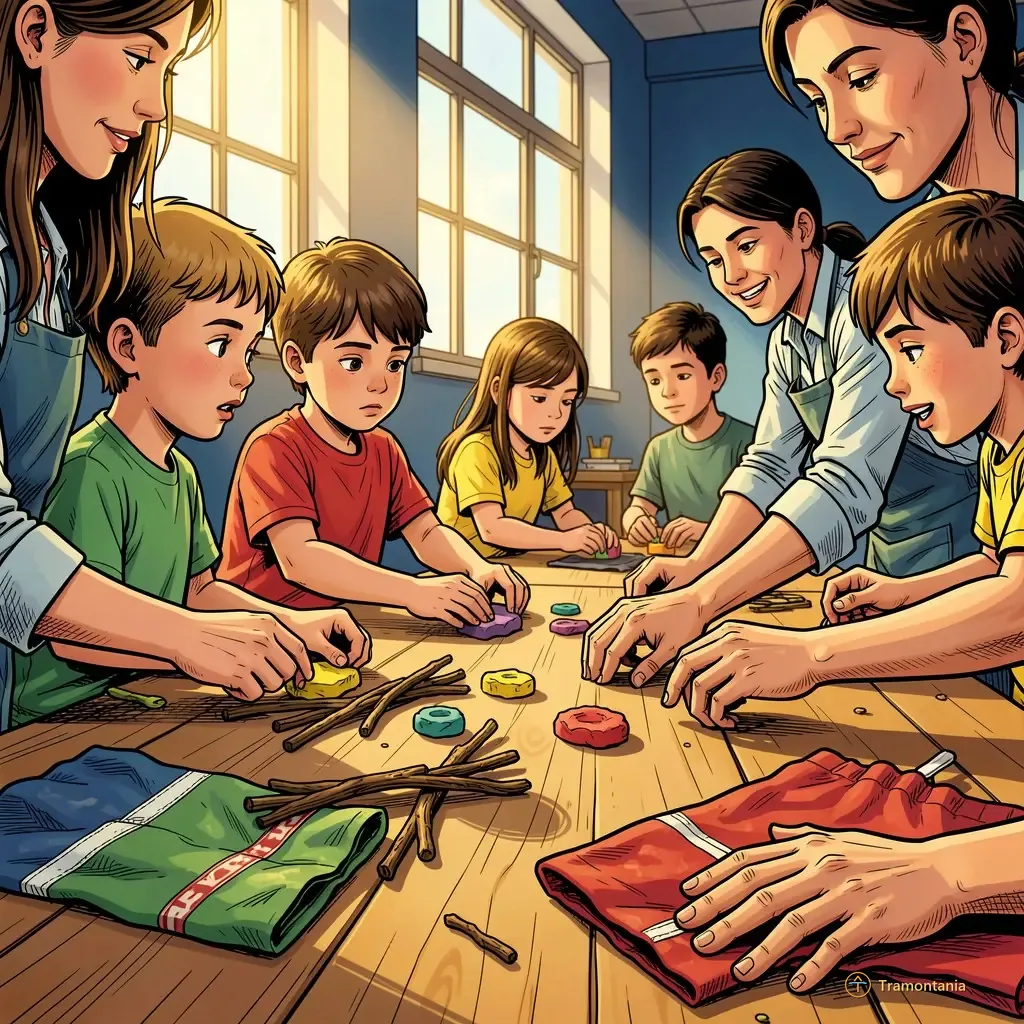 Des enfants et leurs parents sont assis à une grande table en bois dans un atelier où sont disposés matériaux variés comme de l'argile, des brindilles naturelles et des chutes de tissu