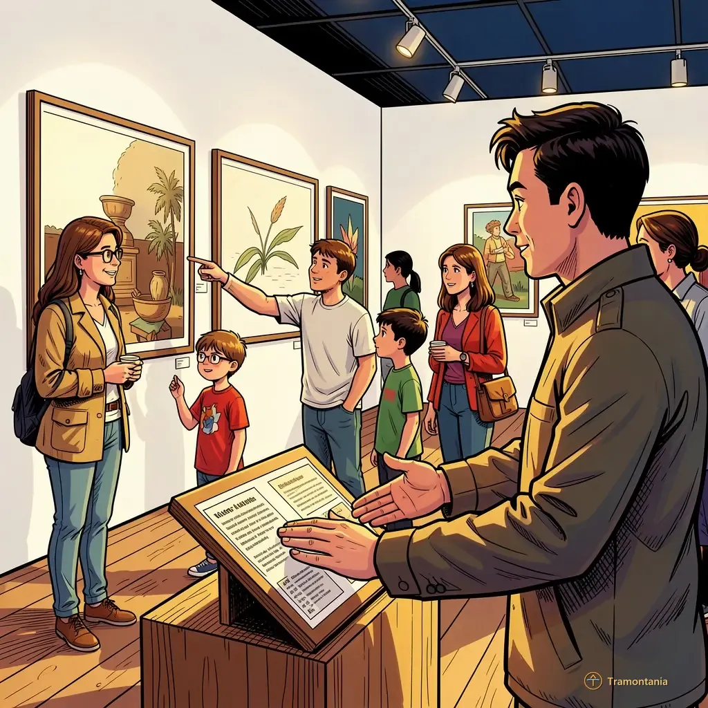 Un petit groupe de personnes examine ensemble des tableaux exposés contre des murs clairs, l'attention portée à un détail artistique précis