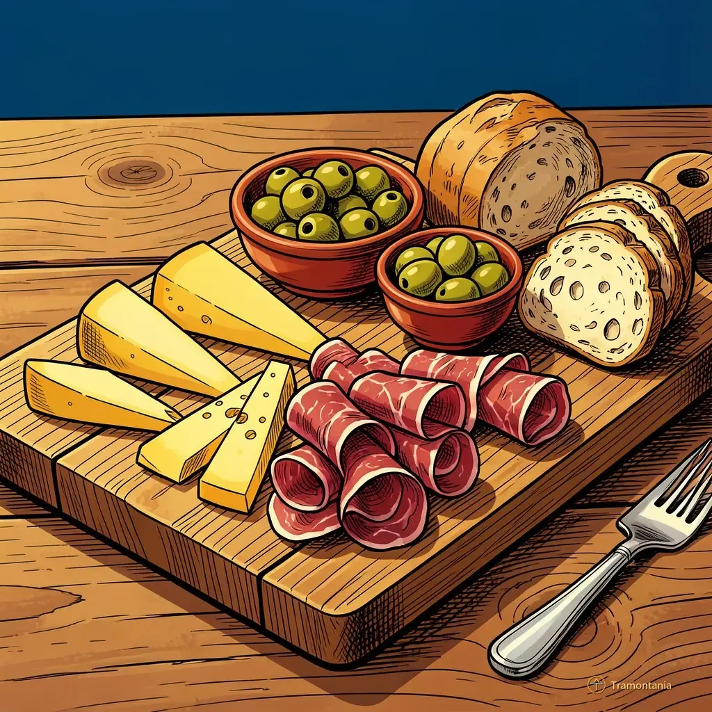 Nino, l'âne de Tramontania — Une planche artisanale présente divers produits méditerranéens comme des tommes, charcuteries et olives disposés sur une table rustique