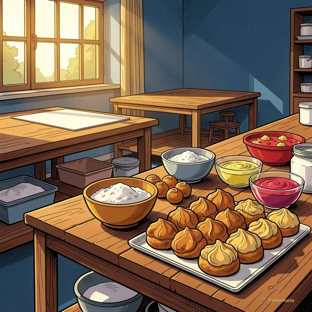 Une illustration de bande dessinée représente un espace de travail intérieur à Port-Vendres avec des tables dressées pour préparer les viennoiseries