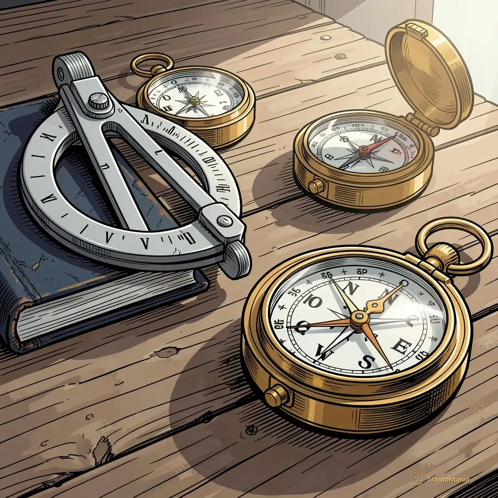 Divers instruments de navigation comme un sextant, des boussoles et un journal reposent sur une surface en bois vieilli