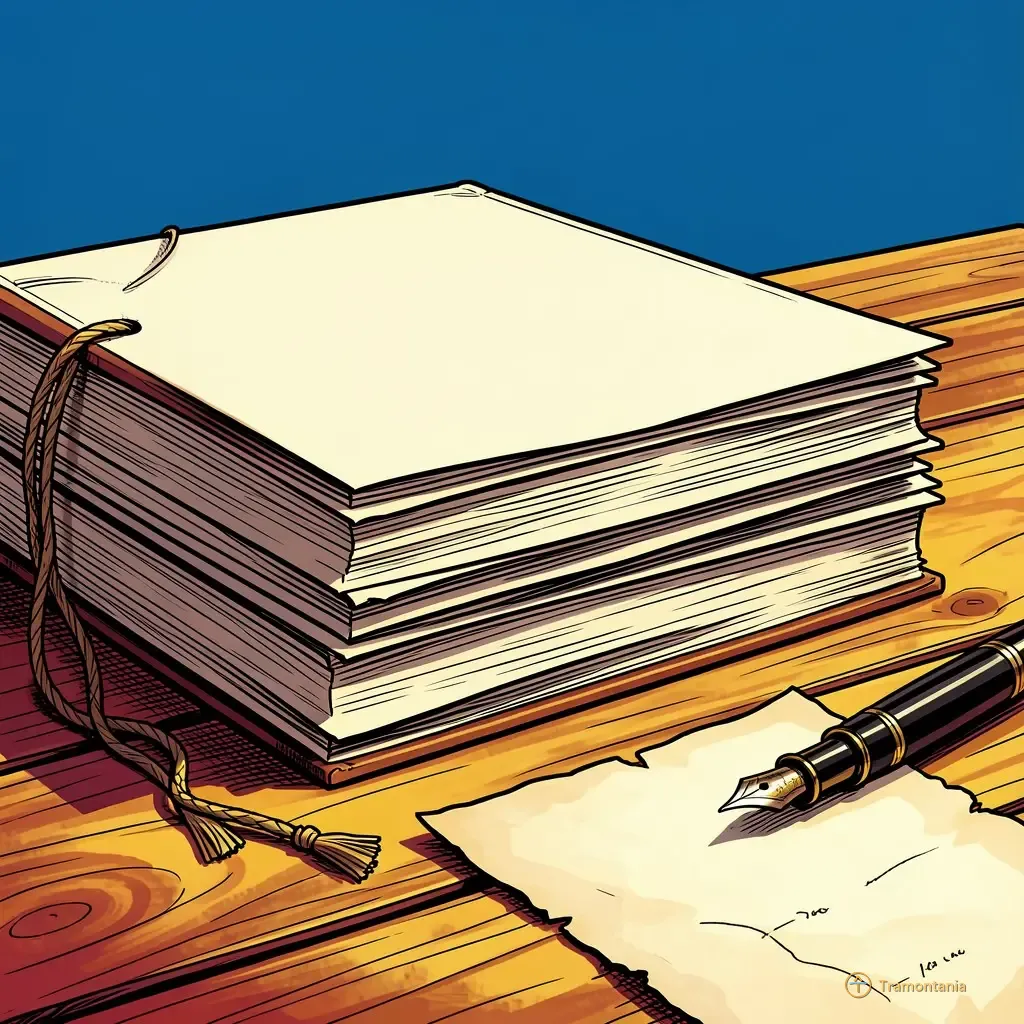 Nino, l'âne de Tramontania — L'illustration montre une pile de vieux livres sur une table extérieure, accompagnée d'un stylo-plume et de parchemins