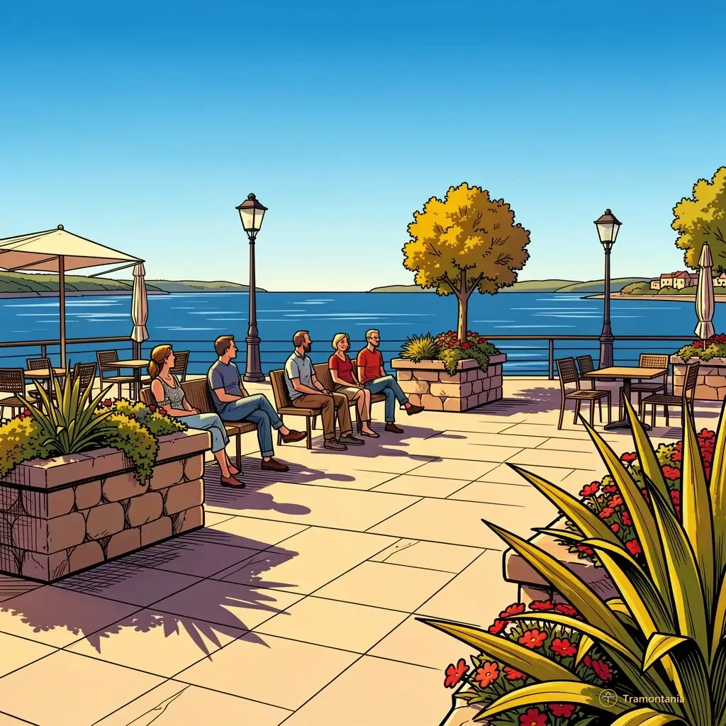 Nino, l'âne de Tramontania — Un espace piétonnier de Port-Vendres présente des jardinières en pierre et des tables assises avec quelques adultes observant quelque chose hors champ