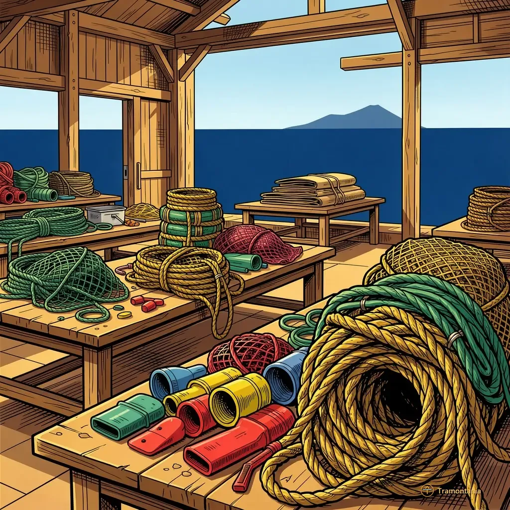 Des cordages, filets et morceaux de plastique coloré sont disposés ou empilés sur des tables en bois dans l'atelier