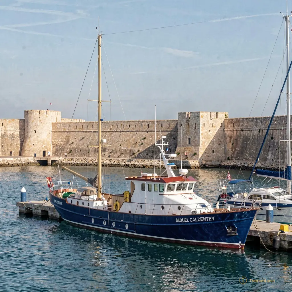 Wide shot of Port-Vendres harbor with the Miguel Caldentey moored in foreground and the fortress walls visible