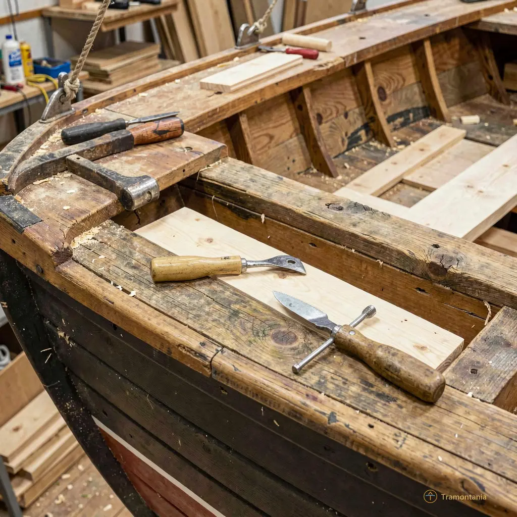 Detail of the restoration work on the schooner's hull, showing tools and fresh timber next to old wood