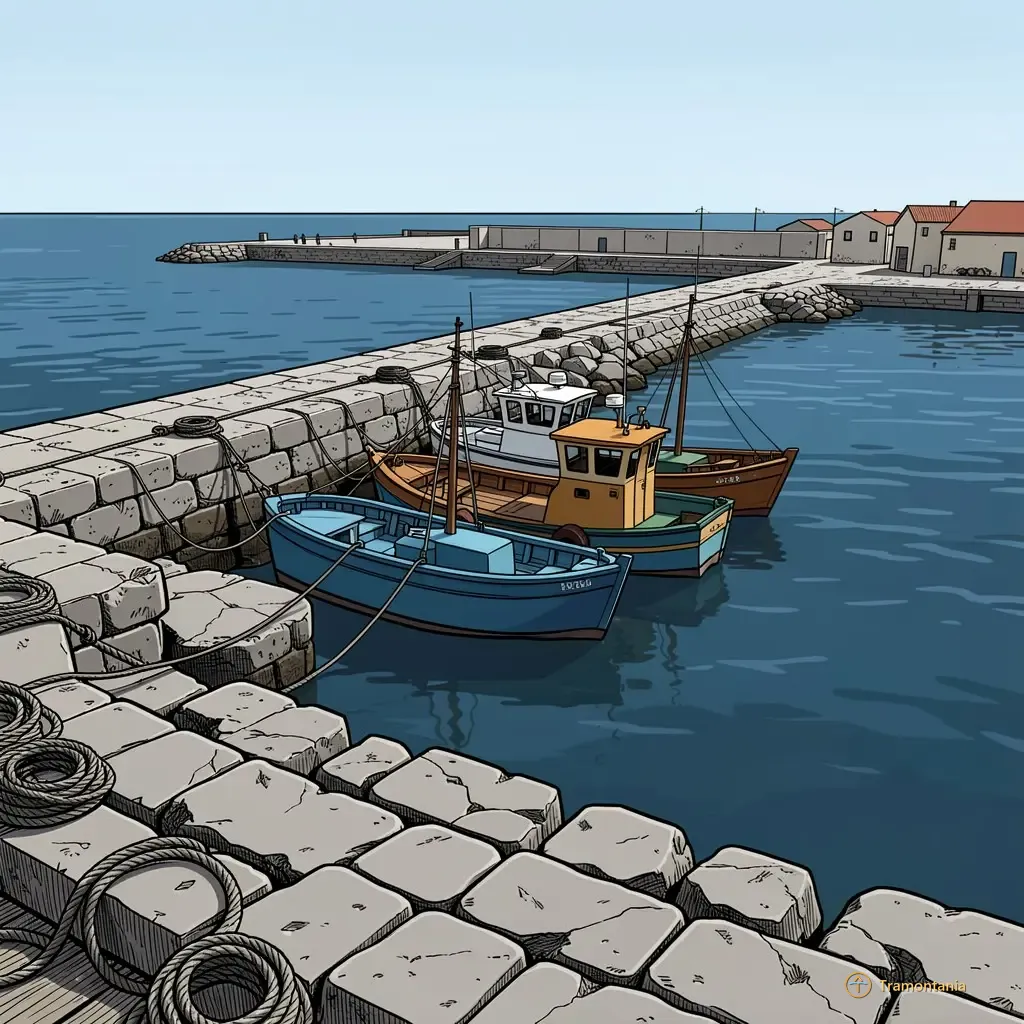 Le port principal de Port-Vendres montre plusieurs petits bateaux de pêche amarrés près d'un jetée rocheuse brute