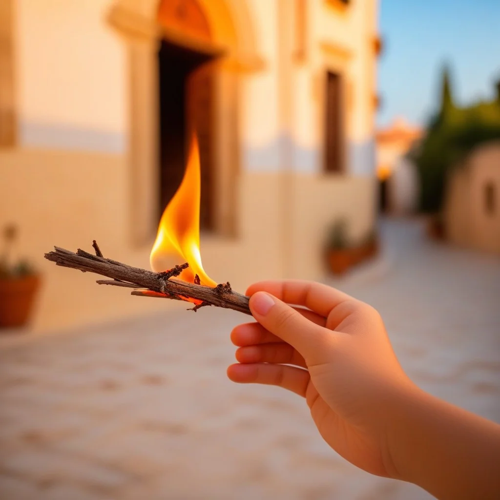Close-up of a child's hand holding a dry twig, blurred background showing the warm orange glow of embers and traditional Mediterranean architecture