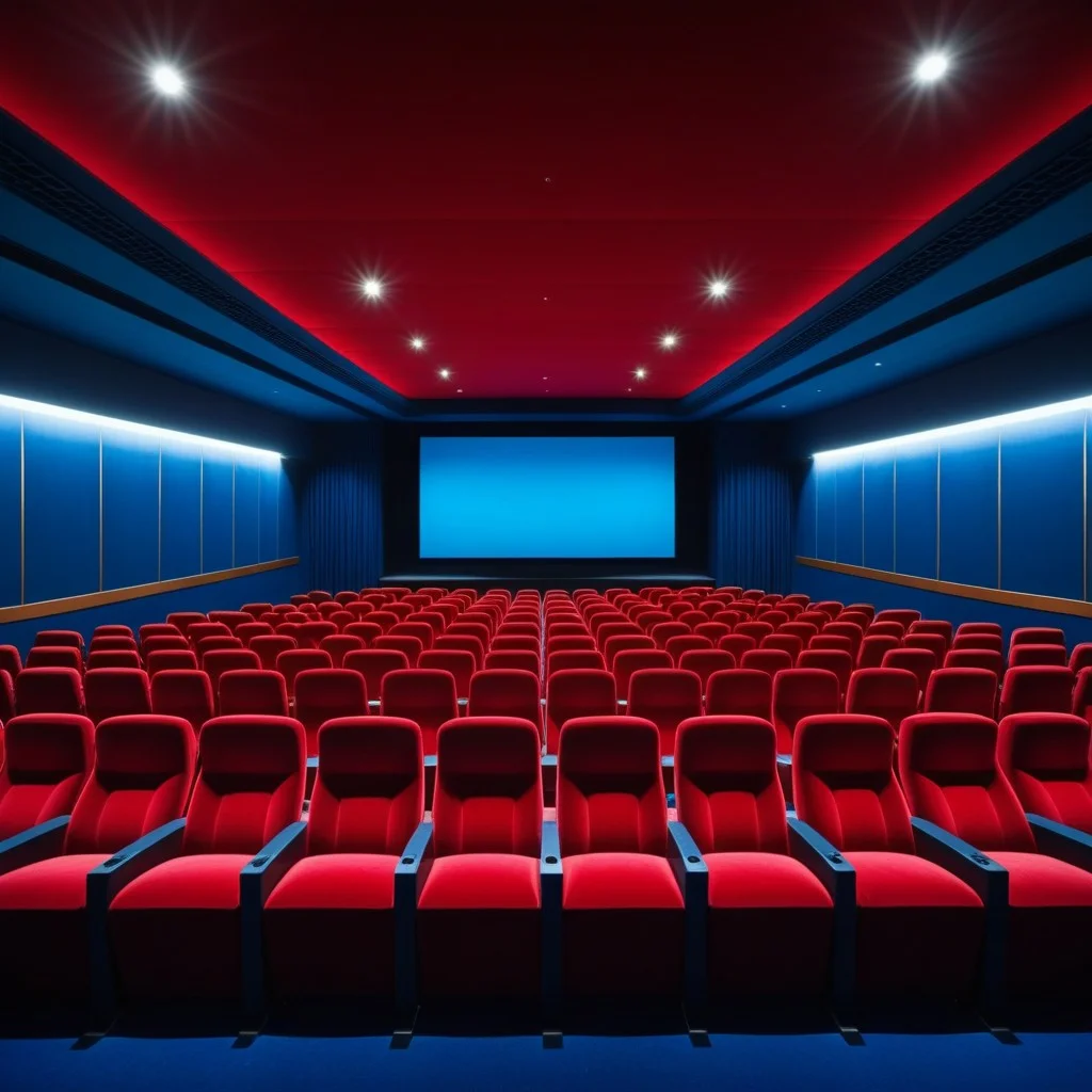 A wide shot of an empty cinema room with rows of red velvet seats facing a large screen glowing faintly blue