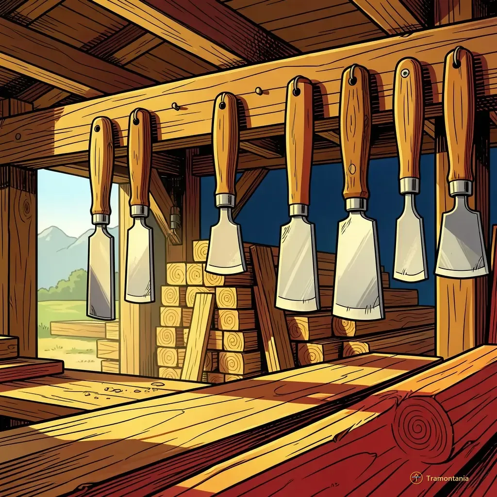Close up on various maritime tools (chisels, adzes, planes) hanging neatly from a wooden beam inside the workshop area. The wood grain of the beams and tools is visible in sharp detail against a background showing stacked pieces of raw lumber waiting for carving. Mid-morning light filters through an open side entrance, casting defined shadows onto the working surface.