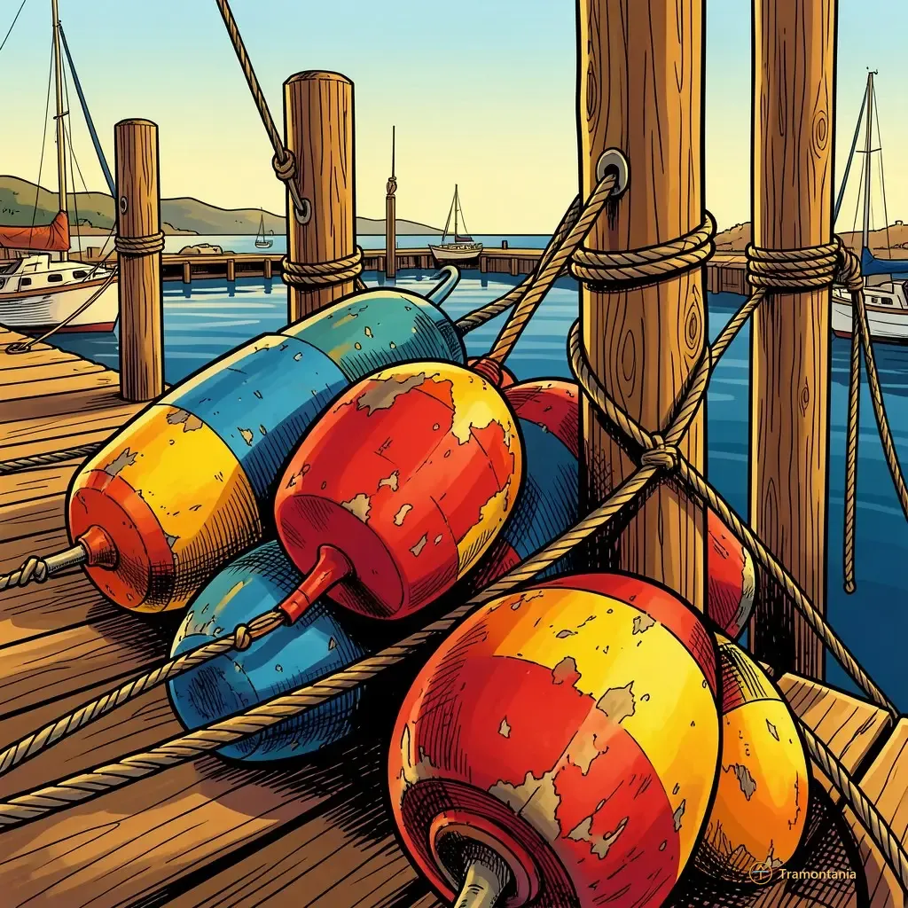 Close-up on a cluster of weathered, brightly colored fishing buoys and mooring lines tied to sturdy wooden posts in the Port-Vendres harbor during late afternoon light. The focus is on the contrast between painted marine colors (reds/blues) and natural wood grain.
