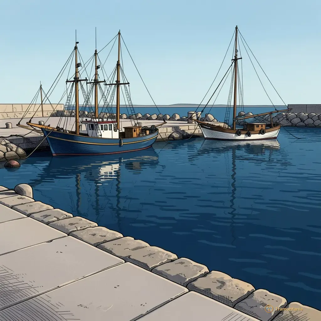 Medium distance view across the deep blue water of Port-Vendres, focusing on the detailed rigging and masts of several fishing boats docked near stone pilings. The light is bright morning sun, casting sharp shadows from boat structures onto the quay edge.