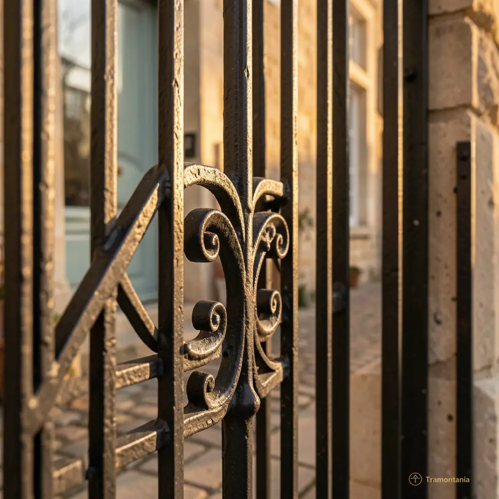 Détail d’une ferronnerie en fer forgé, porte du n°14 rue des Pêcheurs, lumière rasante de fin d’après-midi, cadrage serré