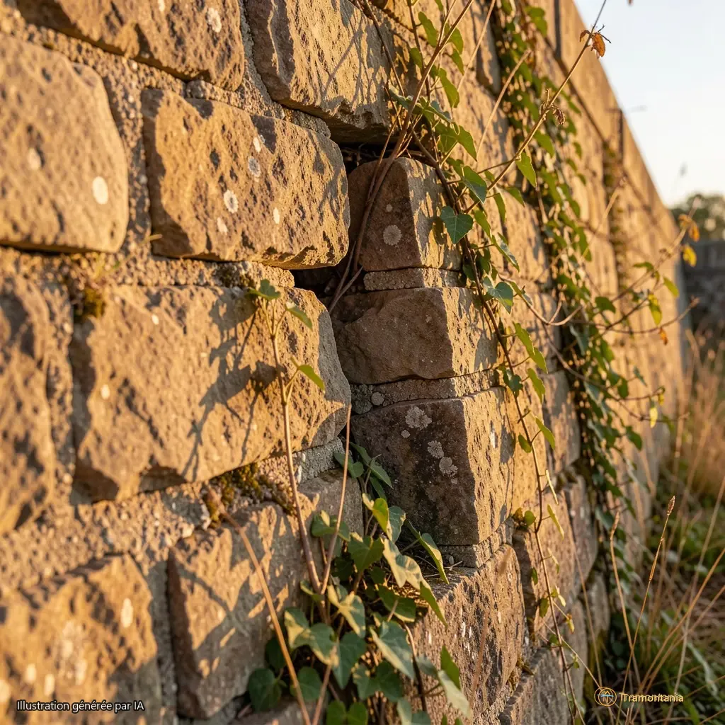 Détail d’un mur en pierre sèche du fort, lumière rasante sur une fissure où pousse un buisson de lentisque, cadrage serré