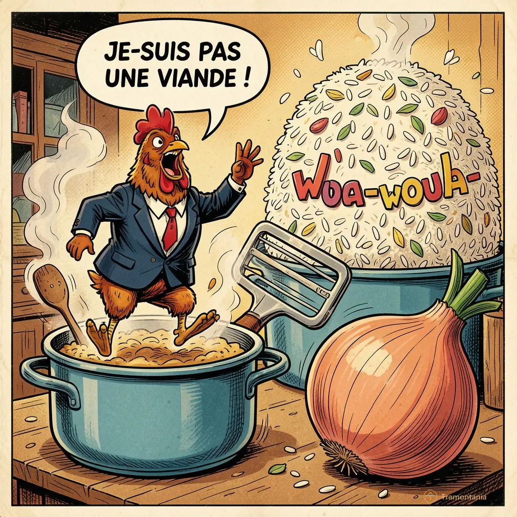 Illustration BD style années 70 : un poulet en costume-cravate saute hors d’une casserole, criant « Je suis pas une viande ! » tandis qu’un oignon géant lui donne des claques avec son éplucheur. Au fond, un riz qui danse la woula-woula.