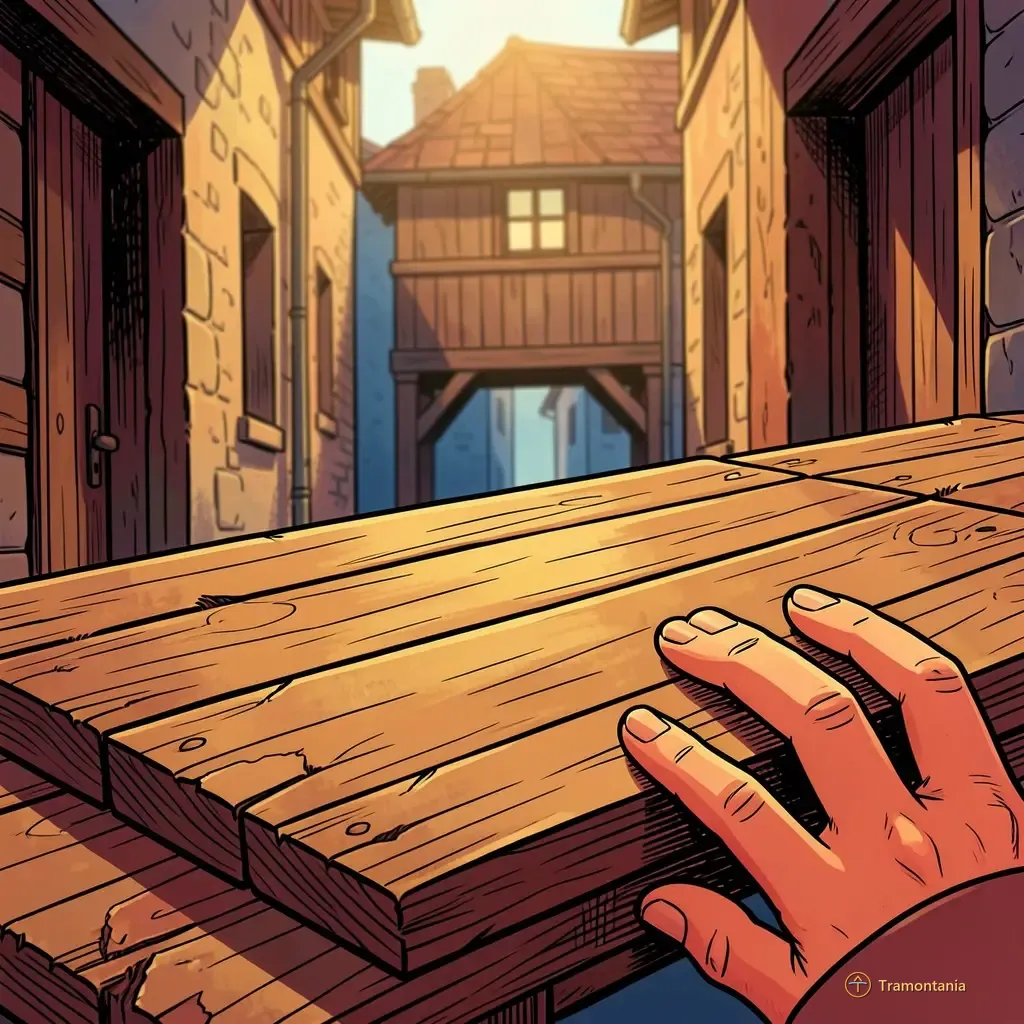 Une planche de bois rustique sert de support d'exposition au centre de la rue principale de Prades, entouré par les bâtiments historiques dépeints dans un style BD