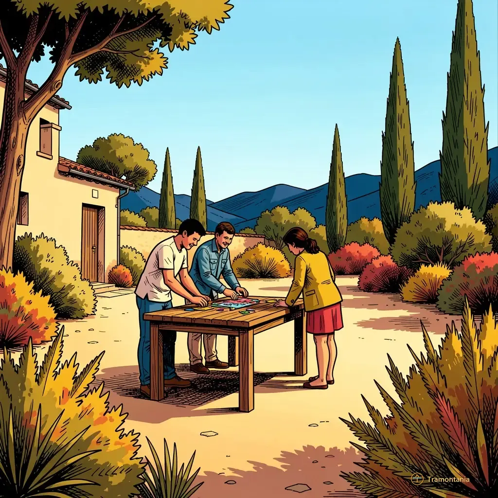 Quelques personnes observent un objet posé sur une table en bois dans une petite place calme de Prades