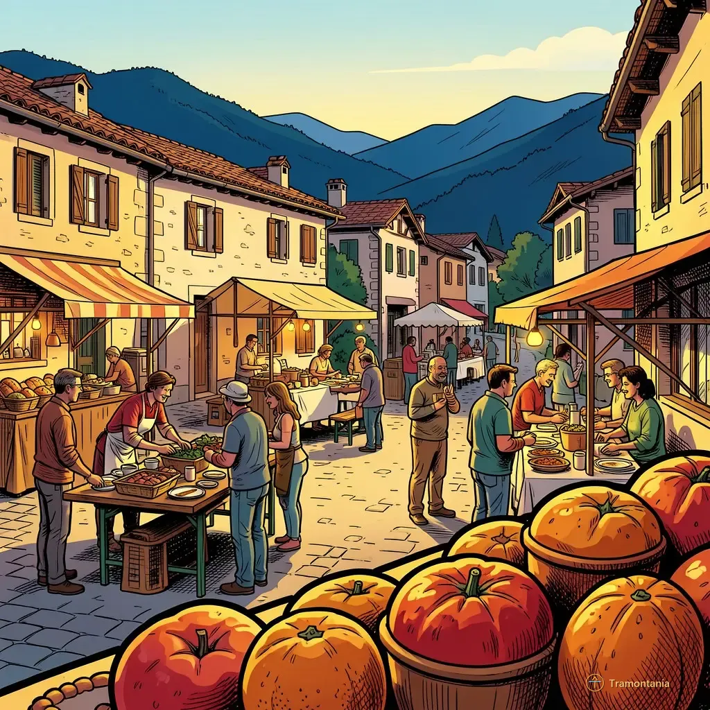 Nino, l'âne de Tramontania — Plusieurs gens sont réunis autour d'étals temporaires et de tables dans la place du village pour un marché animé
