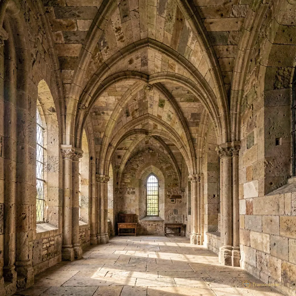 Détail architectural d'une voûte en pierre ancienne à l'intérieur du château, jouant avec les ombres portées par une lumière tamisée