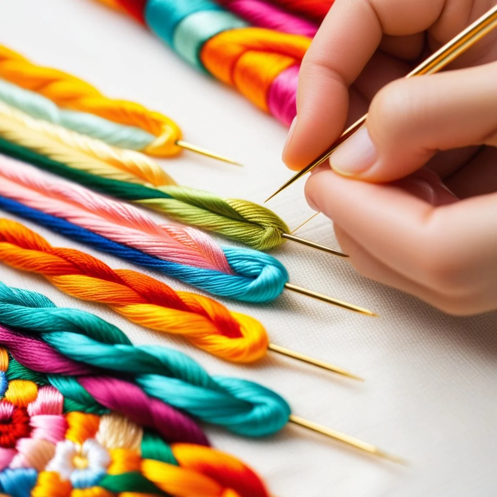 Close-up of hands holding colorful embroidery threads and a needle over a piece of fabric with bold patterns, symbolizing the 'rebellious' craft mentioned in the event description