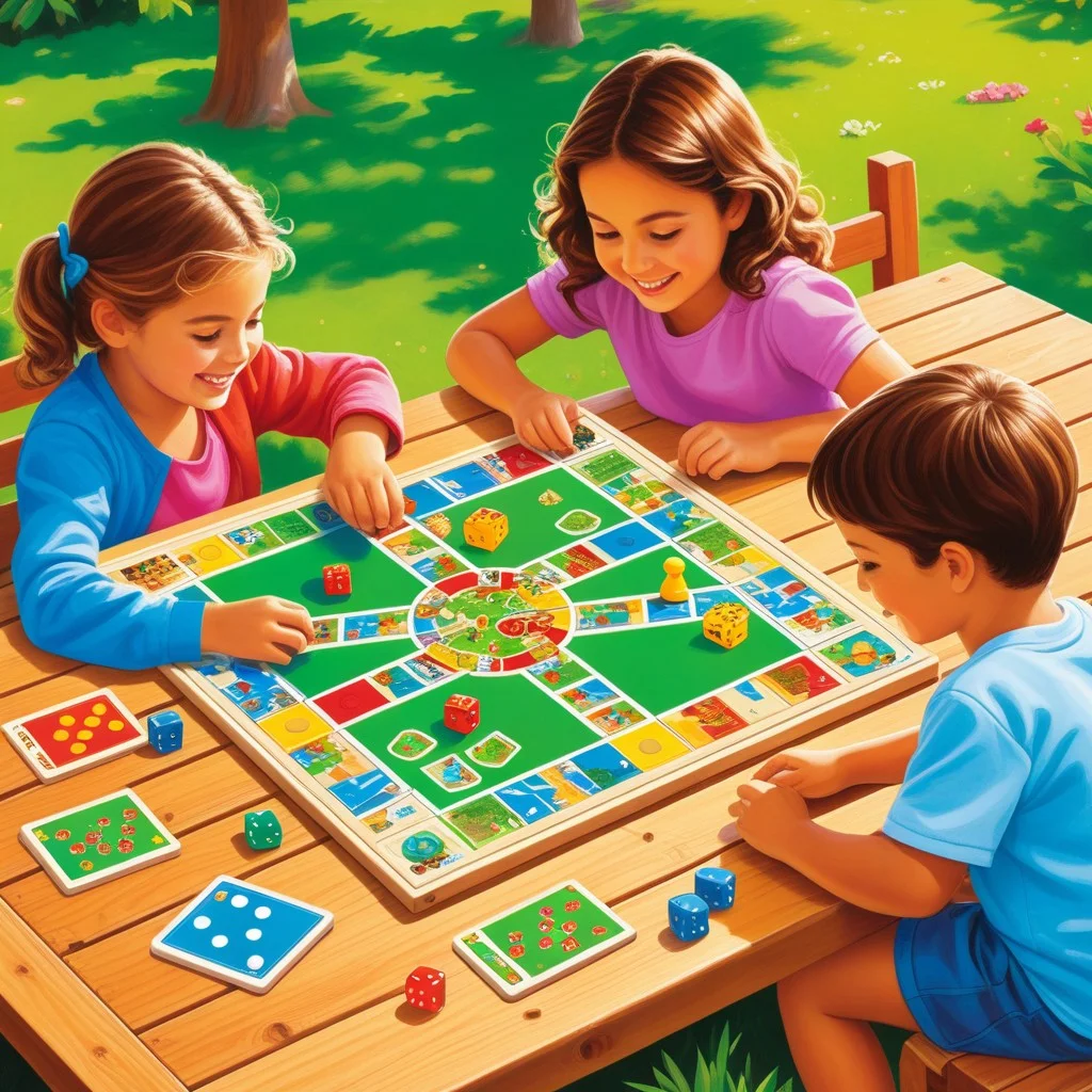 A vibrant illustration of children playing with colorful board games and puzzles on a wooden table in an outdoor setting, representing the family-friendly activities by La Ludo d'Aquí