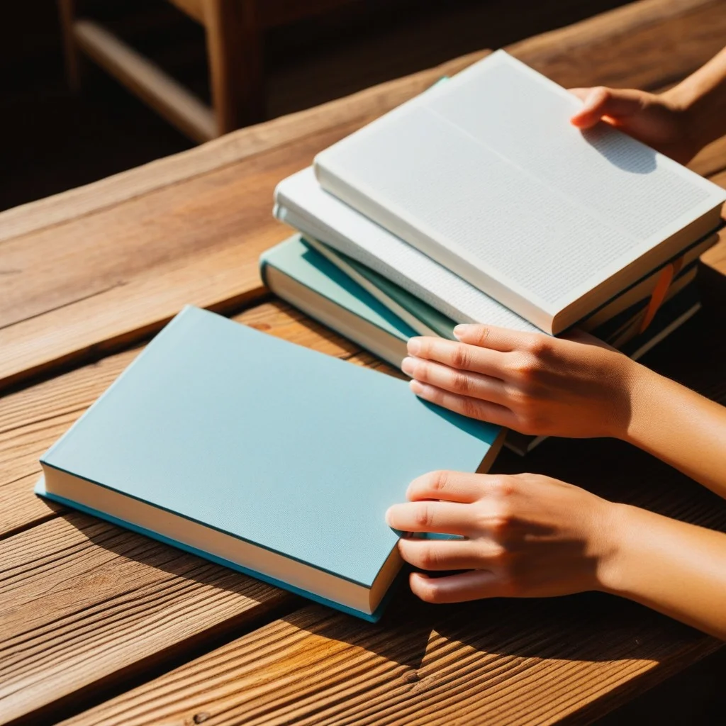 Close-up of hands holding a stack of independent books with textured covers and visible paper edges, resting on a rustic wooden table surface next to an open notebook