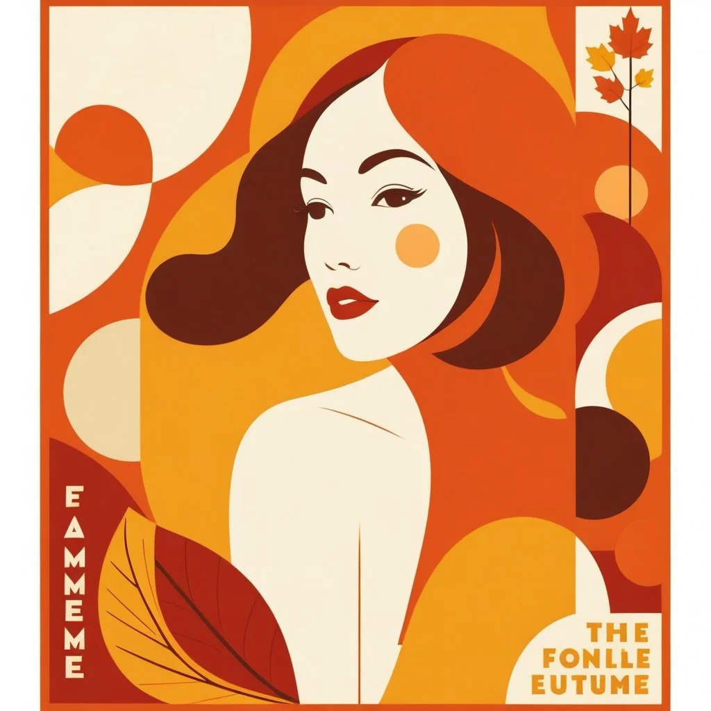 Vintage-style poster illustration featuring bold typography and abstract shapes representing female figures in warm autumn tones