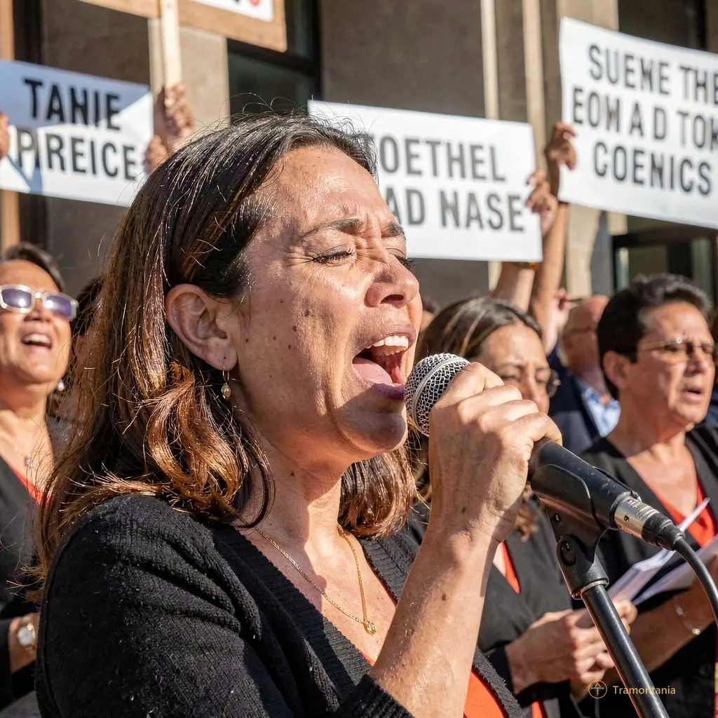 Close-up of a woman singing passionately into a microphone with other choir members in the background, holding protest signs