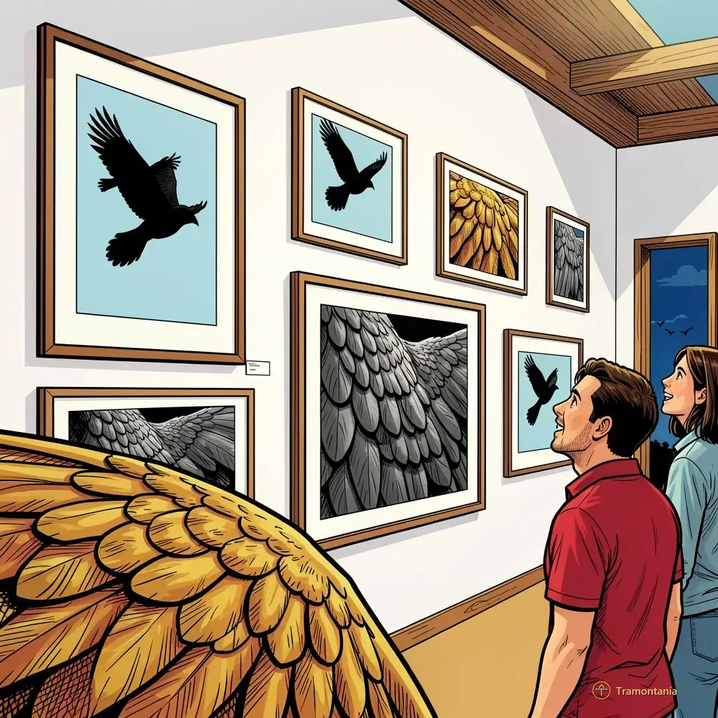 Plusieurs œuvres accrochées dans une galerie blanche montrent des silhouettes d'oiseaux volant devant un ciel bleu pâle ainsi que des études de textures de plumes