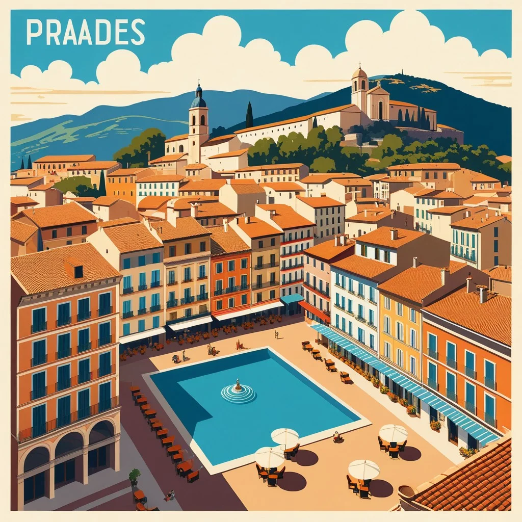 A retro-style poster illustration of Prades town square with artistic elements floating above the buildings.