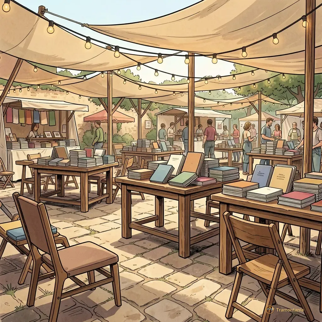 Nino, l'âne de Tramontania — A wide-angle view of an outdoor festival setting at Le Foirail in Prades. Several rustic wooden tables are set up under temporary awnings or string lights, filled with stacks of books and various objects (maps, journals). The ground is made of uneven stone paving. In the immediate foreground, a few empty chairs suggest recent activity. Warm afternoon light filters through overhead structures. 2D comic book illustration style.