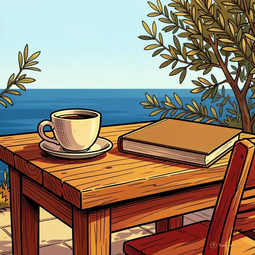 Une petite table en bois dehors supporte deux tasses à café en céramique près d'un livre ouvert devant un fond végétal bleu pâle