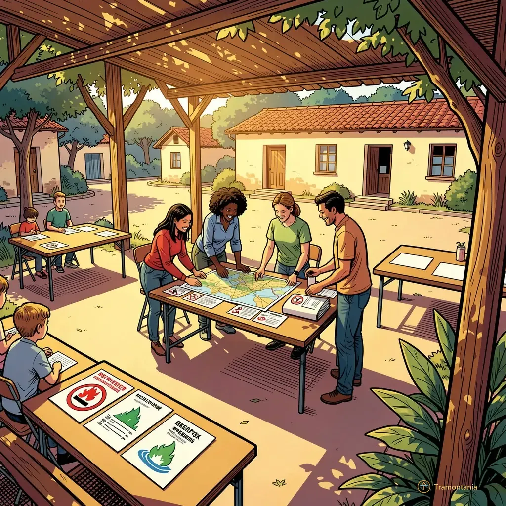 Plusieurs tables pliantes sont couvertes de cartes et de guides sur la prévention des risques, devant lesquelles un petit groupe examine attentivement le contenu