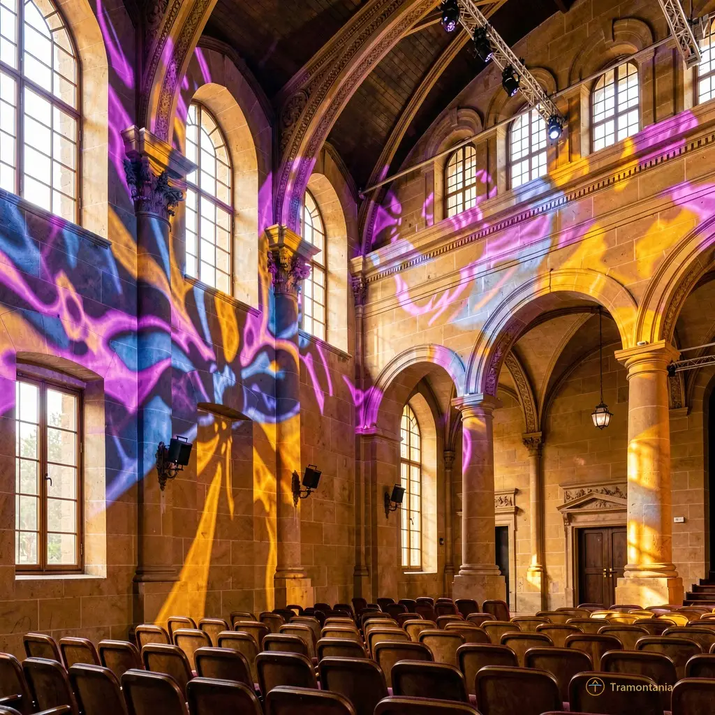Projections colorées sur les murs en pierre ocre du théâtre : des teintes violet, indigo et safran qui dansent avec la lumière naturelle entrant par les hautes fenêtres.