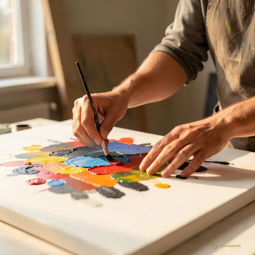 Nino, l'âne de Tramontania — A close-up shot of hands working on a canvas in an artist’s studio, showing the application of vibrant pigments and charcoal. The focus is sharp on the gesture and the material interaction; warm southern light enters from one side. Documentary style photo.