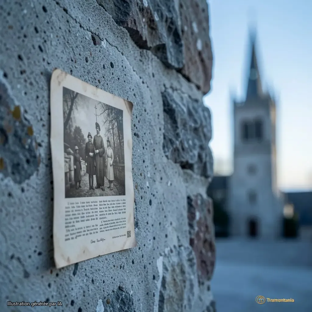 Détail d’un mur en pierre avec une photographie ancienne posée directement sur le ciment, lumière froide du matin, fond flou de la tour Saint-Jean au loin.