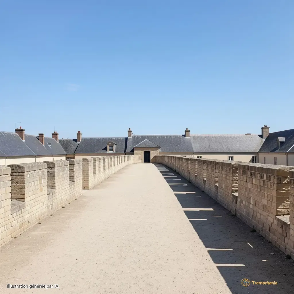 Plan large des remparts vides à 10h30 — chemin de ronde désert, toits d'ardoise en fond, ciel clair sans nuage.